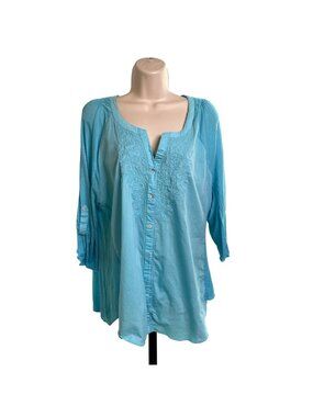 Nine West Vintage America XL Blue Embroidered Womens Top Adjustable Sleeve u
